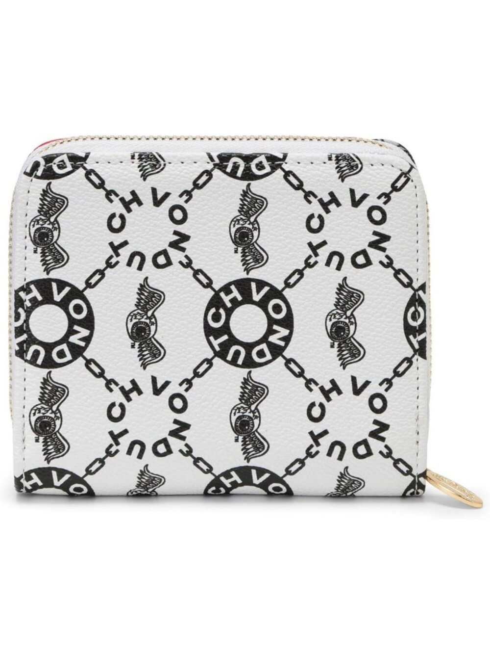 Vegan Leather Zip-Up Wallet with ID Window, Monogram Design - Cream Color
